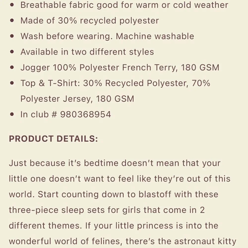 Member’s Mark girl’s pajama‎ 3 piece set incl 1 long slve top, 1 tee,1 pj bottom